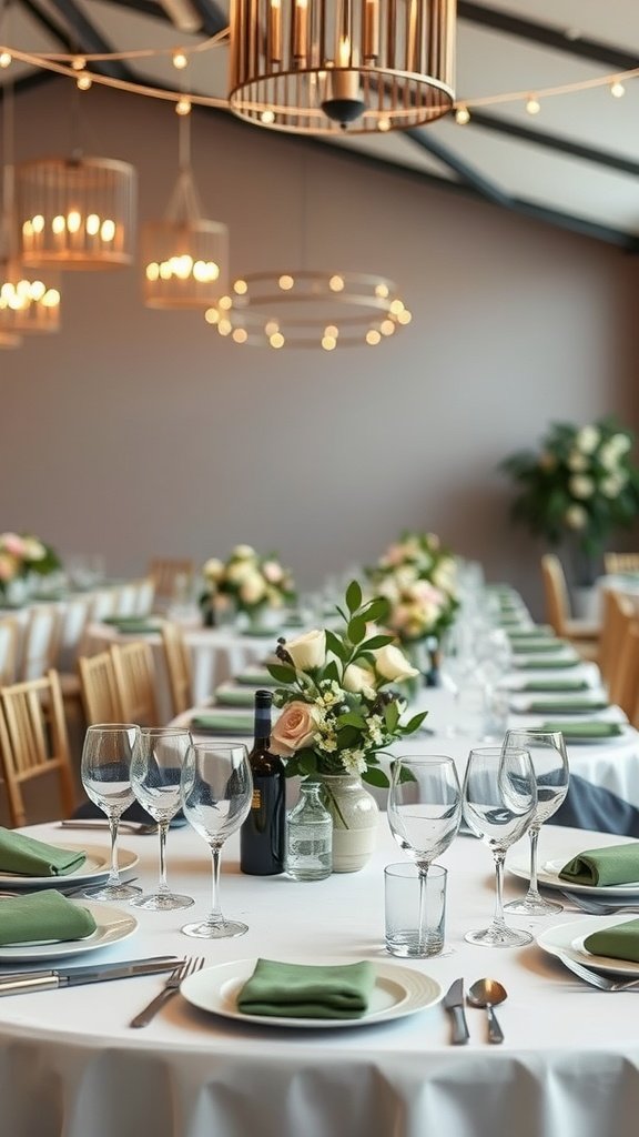 Wedding reception tables set with olive green napkins, glassware, and floral arrangements in a chic setting.