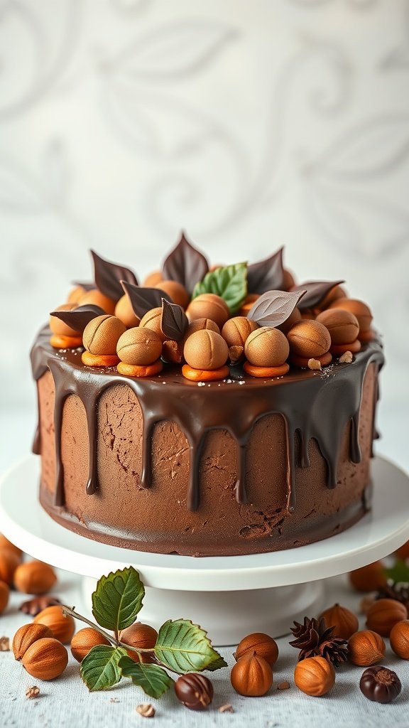 A chocolate hazelnut cake topped with nut decorations and drizzled with chocolate ganache.