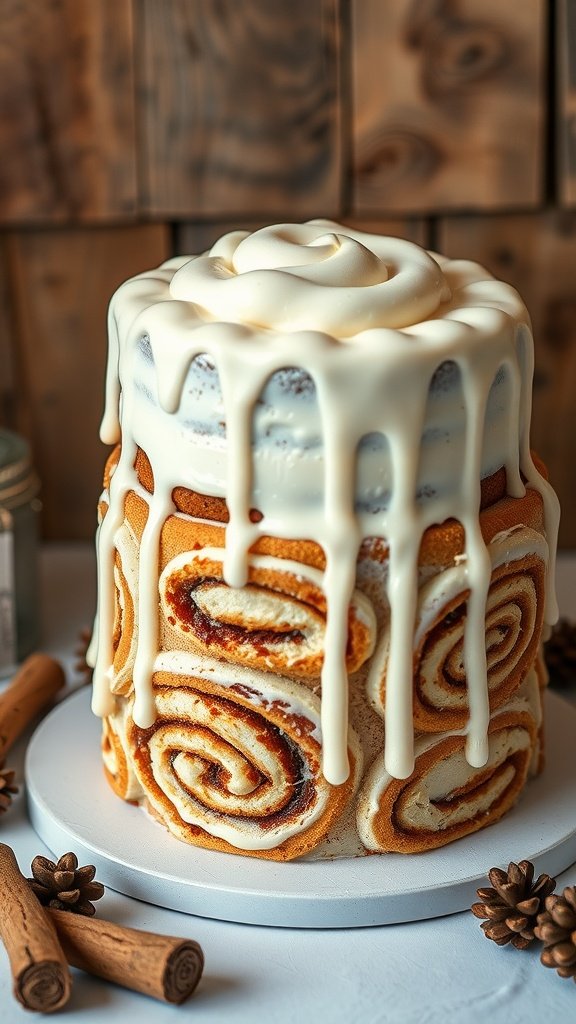 A beautifully decorated cinnamon roll cake with cream frosting, perfect for a forest wedding.