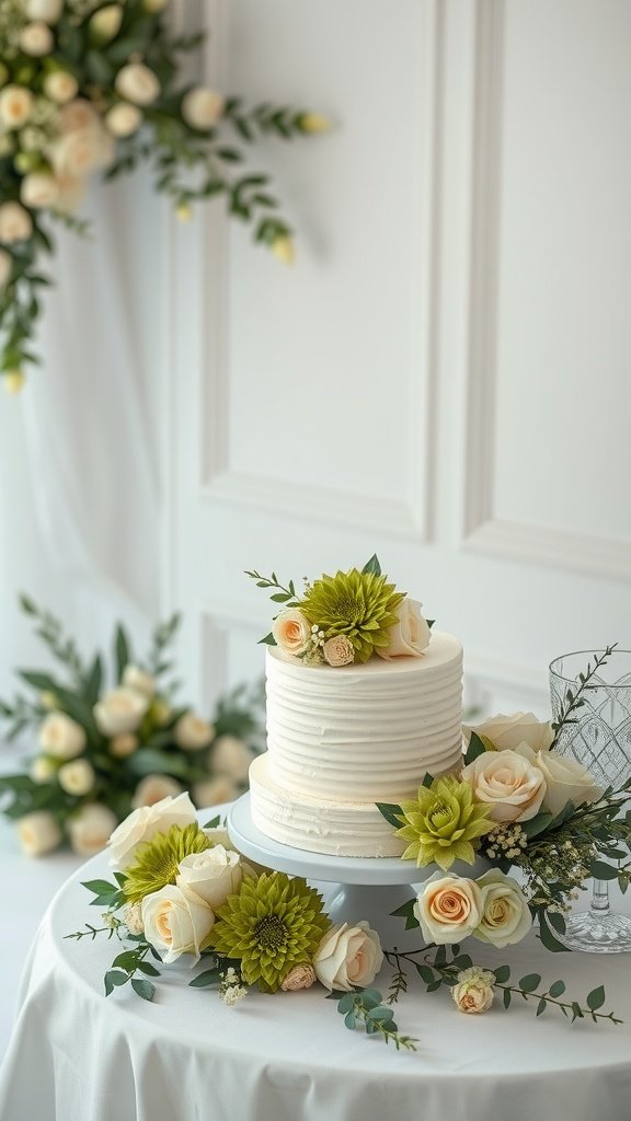 A wedding cake decorated with olive green flowers and white roses on a table.