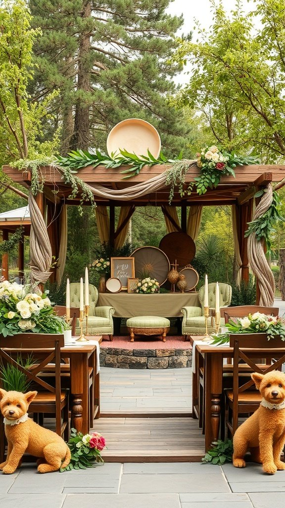 A rustic wedding setup featuring olive green decor with wooden tables, soft florals, and gold accents.