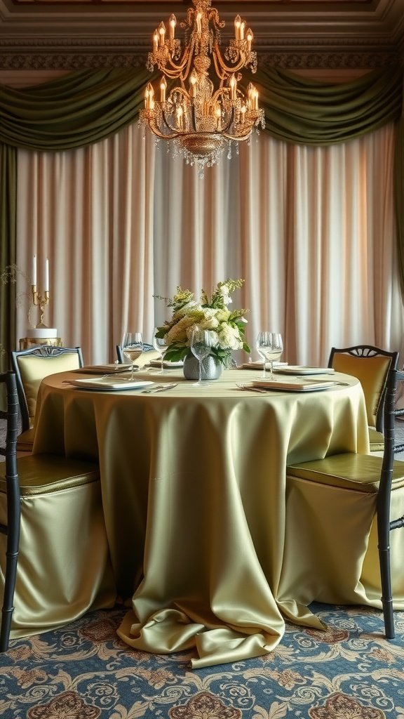 An elegantly set wedding table featuring a champagne-colored tablecloth, olive green accents, a floral centerpiece, and a chandelier.