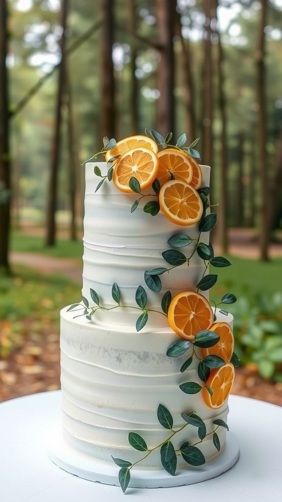 A beautiful eucalyptus and citrus wedding cake decorated with orange slices and leafy greens.