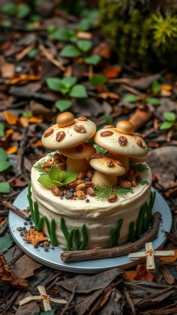 A forest-themed wedding cake decorated with mushroom-shaped candies and nut toppings.