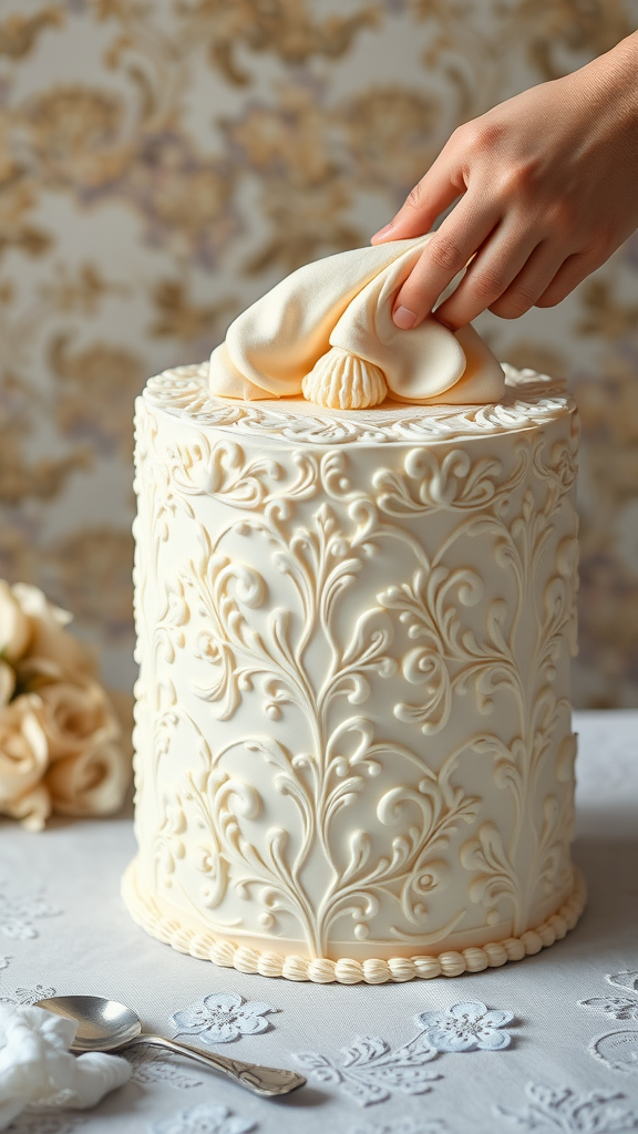 A beautifully decorated cake with intricate Rococo patterns, showcasing elegant curves and swirls.