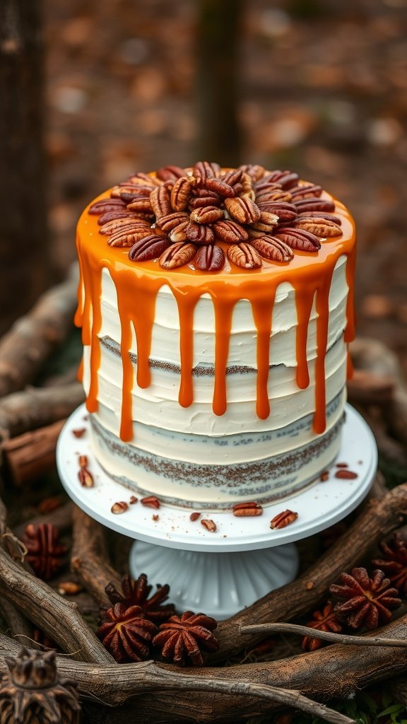 A beautifully layered Maple Pecan Cake topped with caramel drizzle and pecans, perfect for a forest wedding.