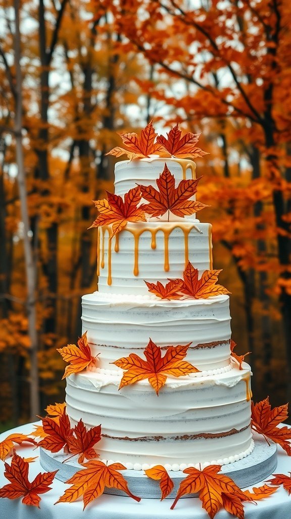 Layered Maple Syrup Cake decorated with autumn leaves