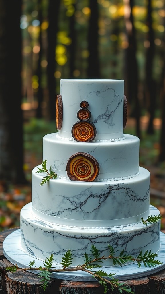 Marble cake designed with tree ring layers, perfect for a forest wedding.