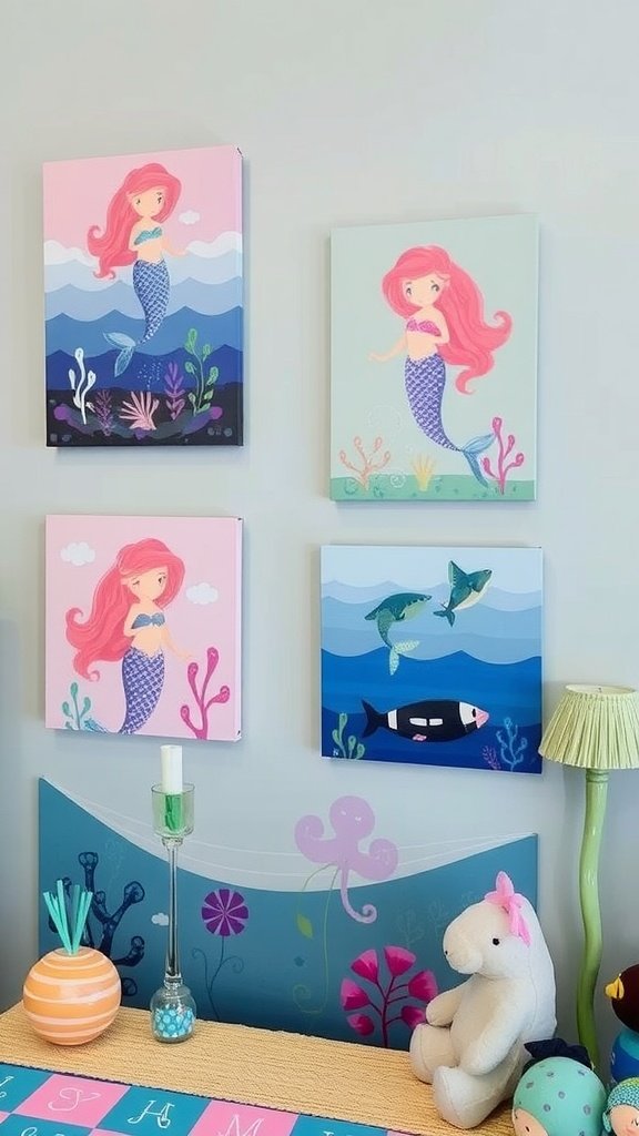 A wall decorated with mermaid-themed art, featuring a mermaid, colorful fish, stars, and sea plants.