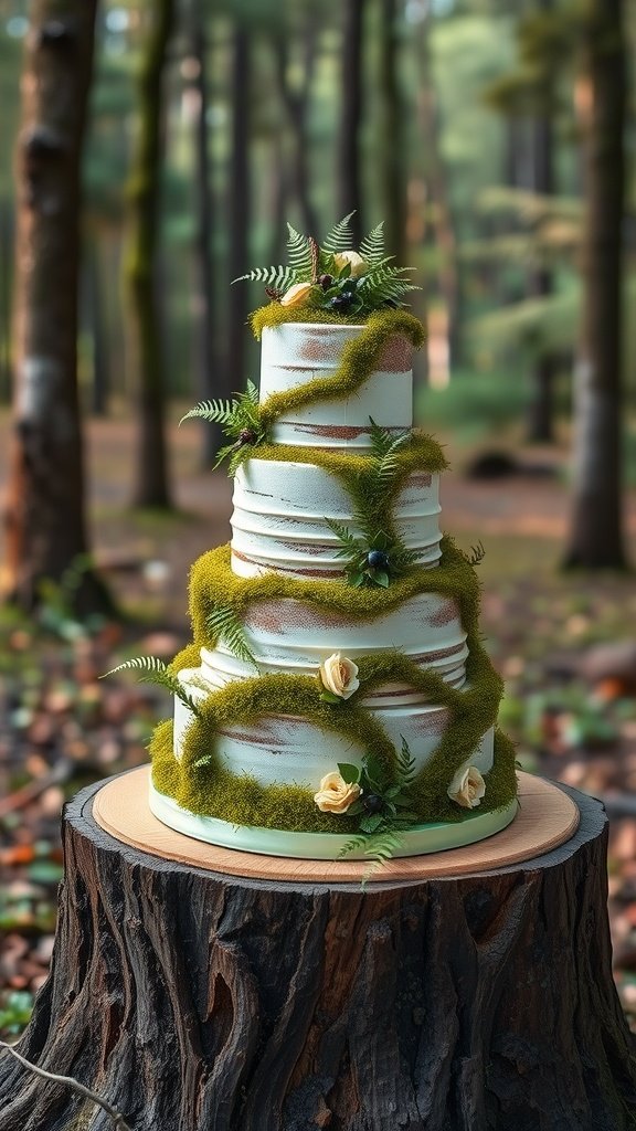 A beautiful multi-layered wedding cake decorated with moss and ferns, fitting for a forest-themed celebration.