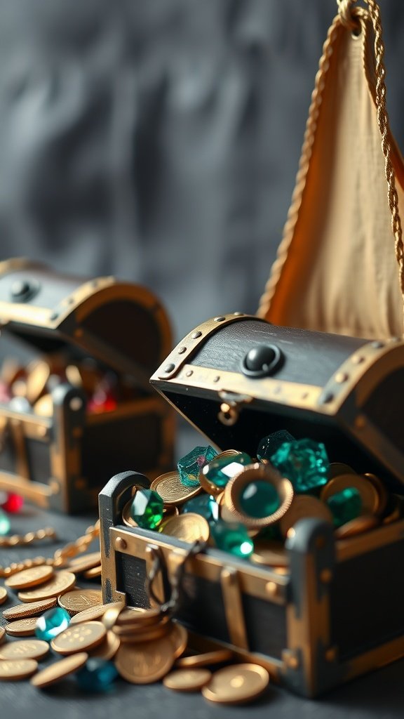 Two open treasure chests filled with colorful gems and coins.