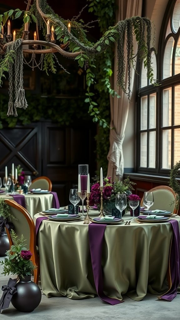 A beautifully decorated wedding table featuring olive green and purple colors, with elegant floral arrangements and soft candlelight.