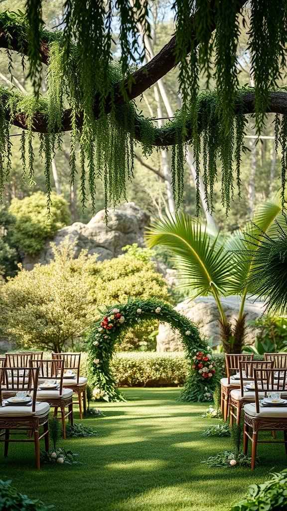 A beautifully decorated outdoor wedding venue featuring an olive green theme with floral arch and wooden chairs.