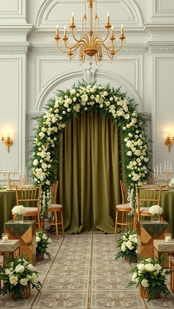 Wedding setup featuring olive green decorations, white flowers, and elegant chandeliers.