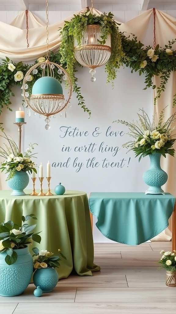 A wedding setup featuring olive green and aqua colors, with decorative elements like flowers and elegant vases.