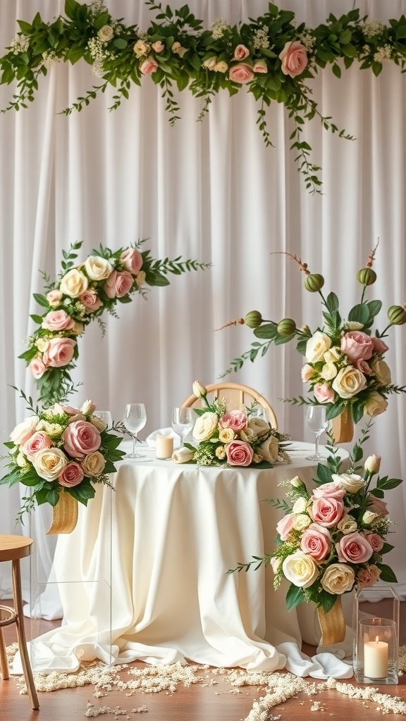 Wedding table decor featuring olive green and blush pink flowers with candles.