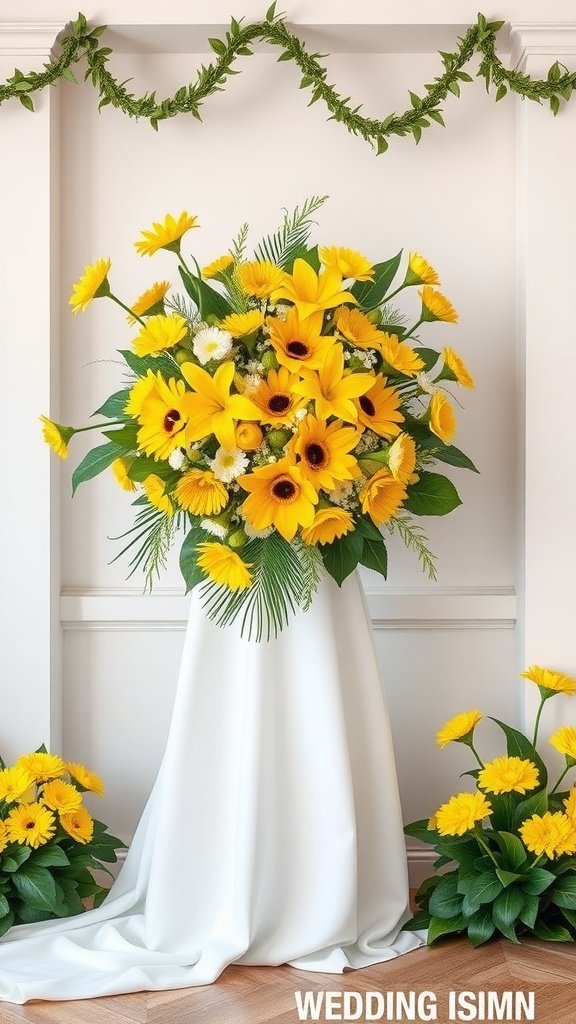A vibrant wedding floral arrangement featuring bright yellow flowers, including sunflowers, paired with olive green accents.