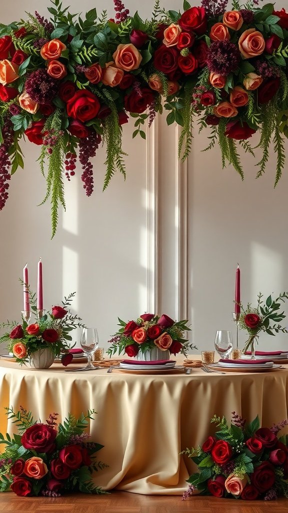 Wedding table setting featuring olive green and burgundy floral arrangements.