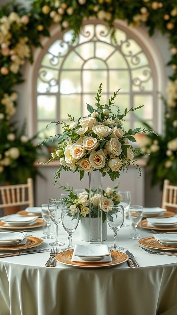 A beautifully arranged wedding table featuring olive green and cream colors with floral decorations