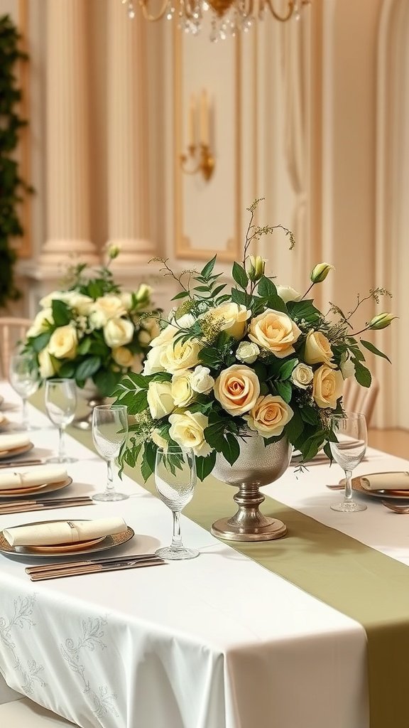 Elegant wedding table set with olive green and cream floral centerpieces