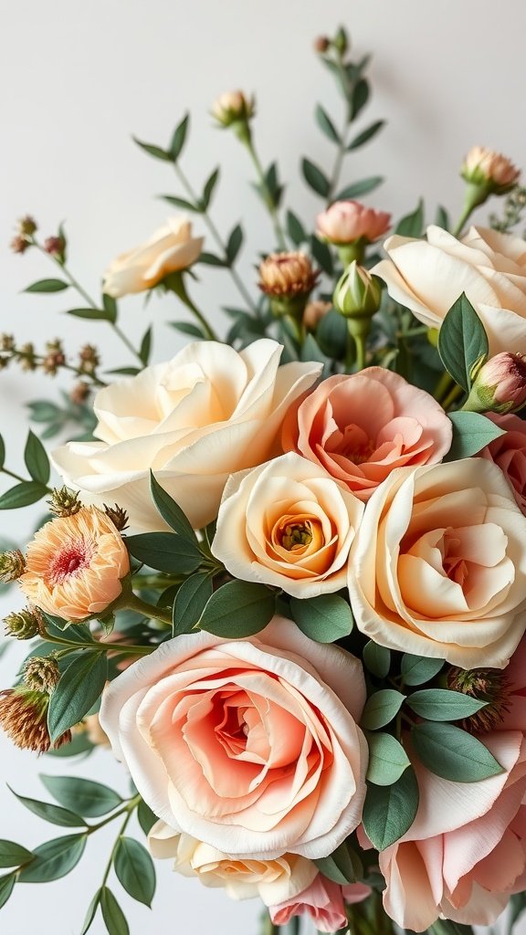 A bouquet of blush and dusty rose flowers with greenery