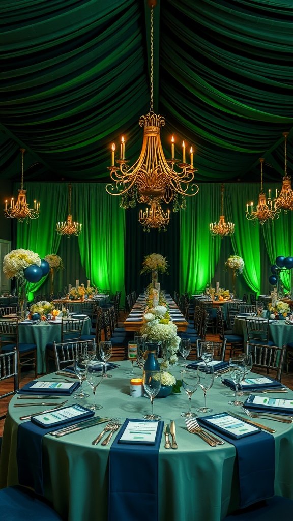 Wedding reception featuring olive green and navy blue color scheme with elegant decor.