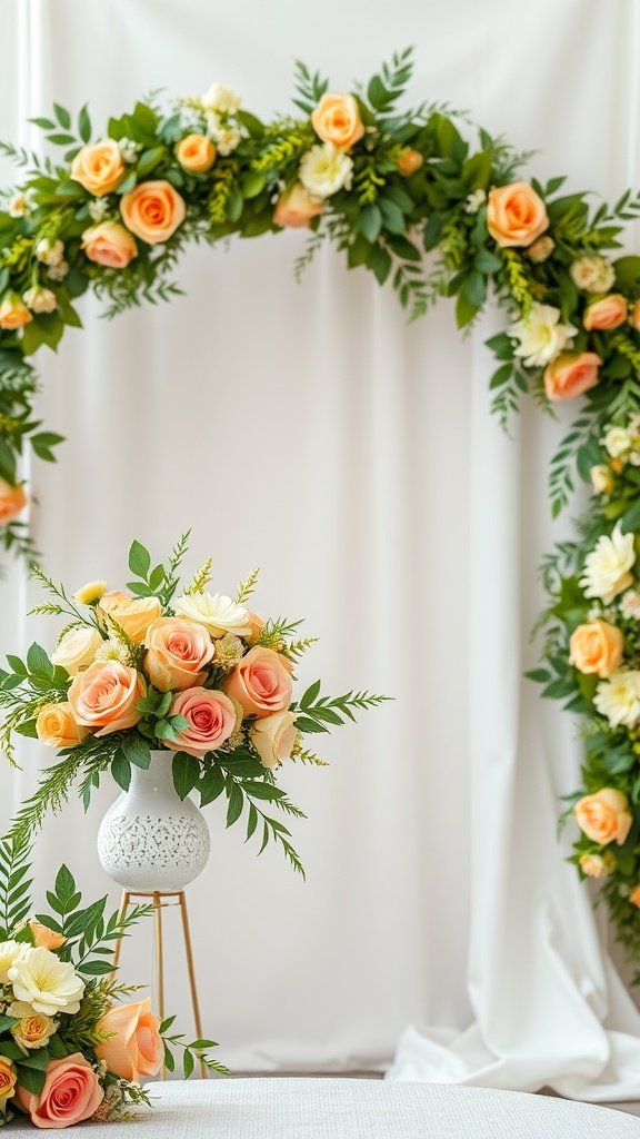 A beautiful wedding setup with olive green and peach flowers arranged in a decorative arch and a vase.