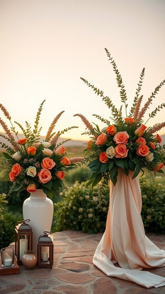 An outdoor wedding setup featuring peach roses and olive green foliage during sunset.