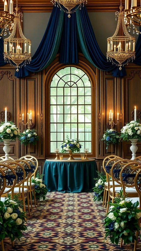 Elegant wedding venue with olive green and royal blue decor.