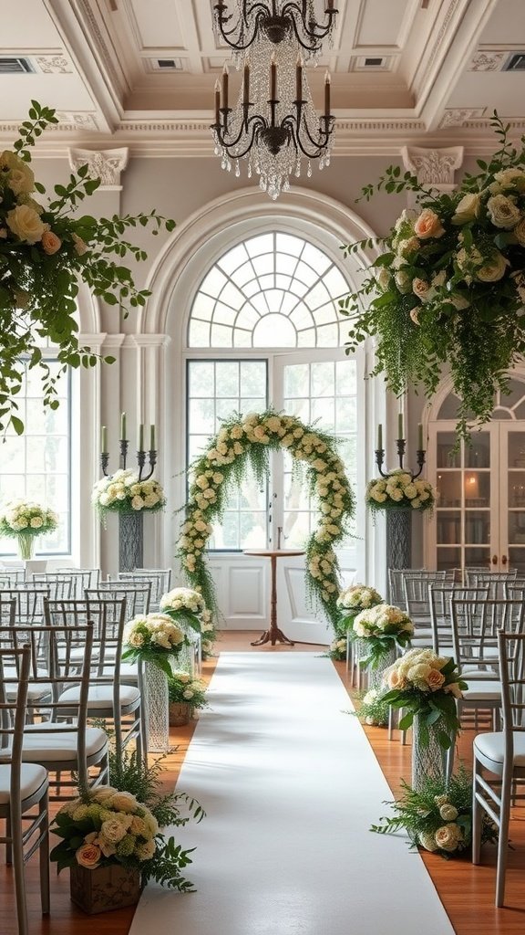 Wedding venue setup featuring olive green and soft grey colors with floral arrangements.