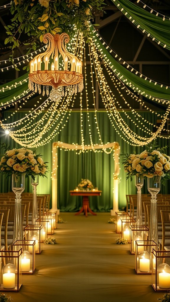 Wedding venue decorated with olive green and soft white lighting, featuring roses and candles