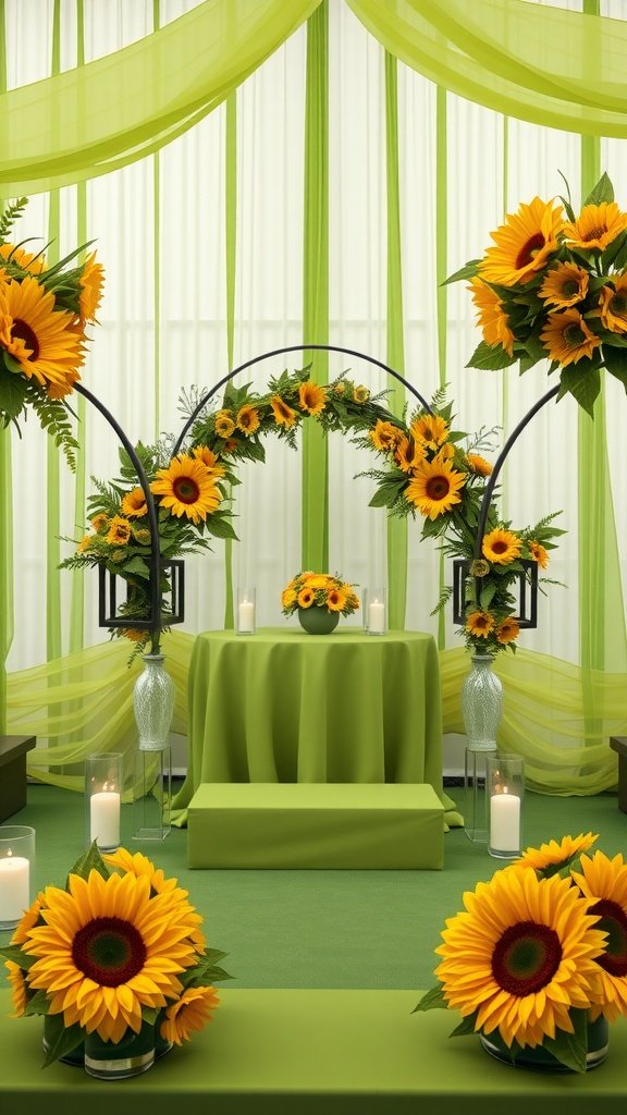 Wedding decor featuring olive green and bright sunflowers, showcasing a vibrant and inviting theme.