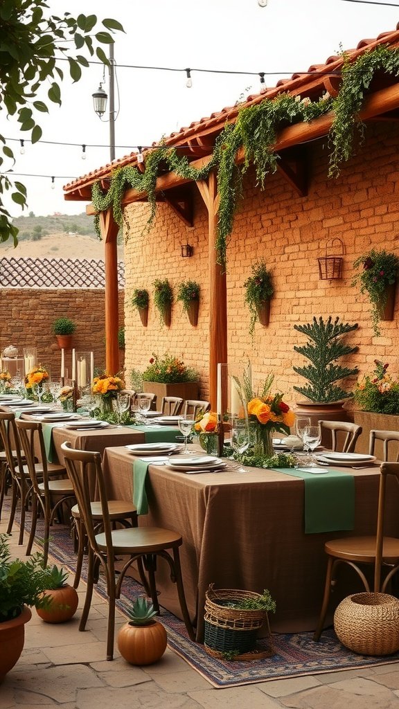 Outdoor wedding setup featuring olive green and terracotta color schemes.