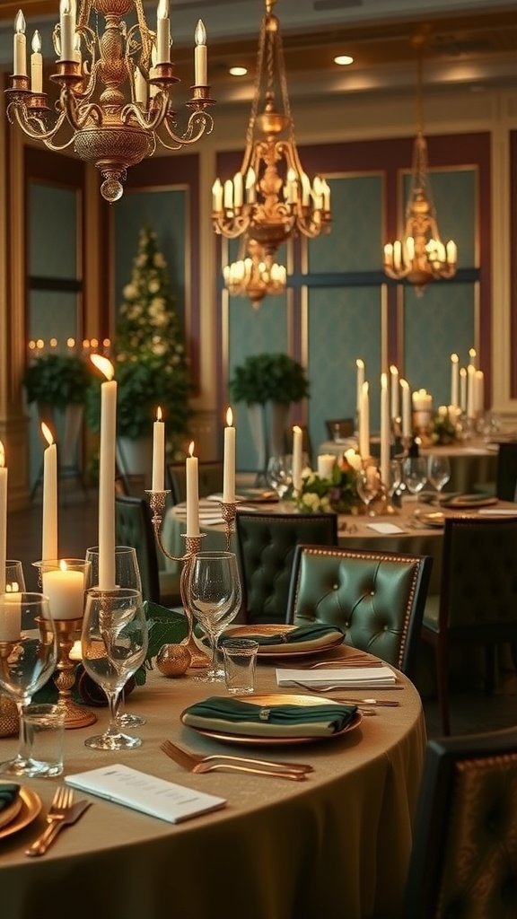 Elegant wedding reception with olive green and gold color scheme, featuring candles and fine dining setup.