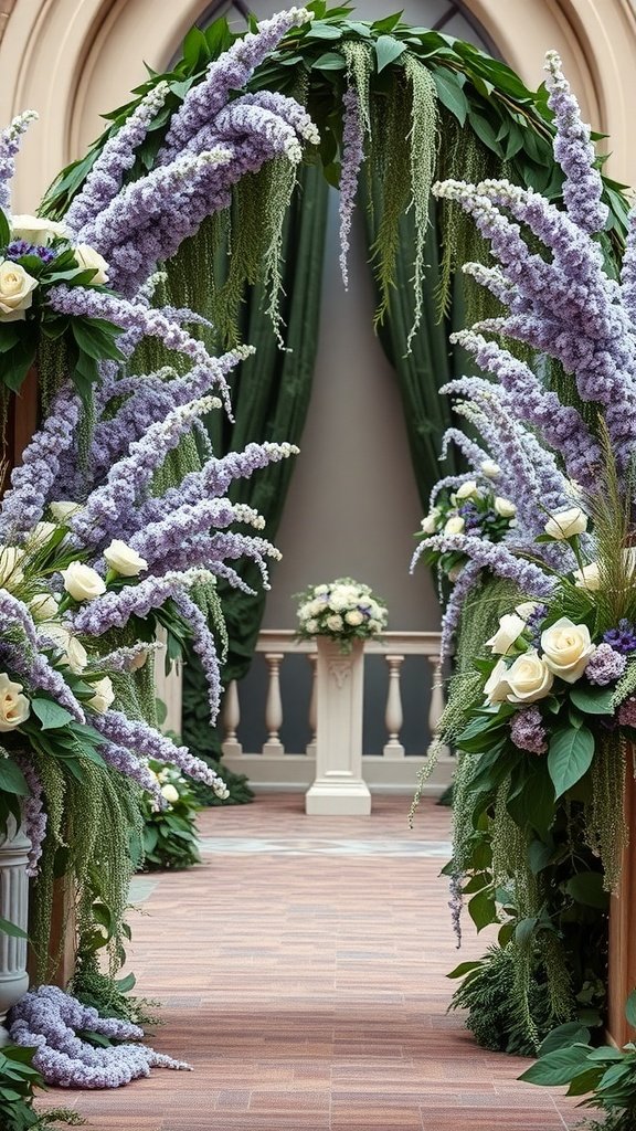 Wedding decor featuring olive green and lavender flowers in an archway