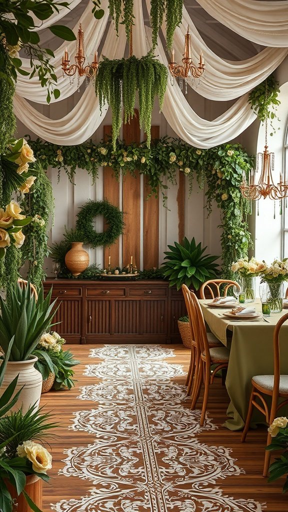 A cozy wedding setup featuring olive green decor, lace draping, floral arrangements, and rustic wooden elements.