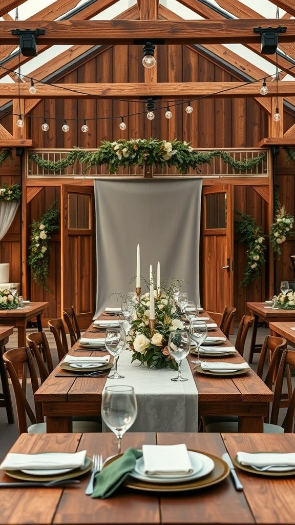 A rustic wedding setup featuring olive green and wooden elements with candles and floral arrangements.