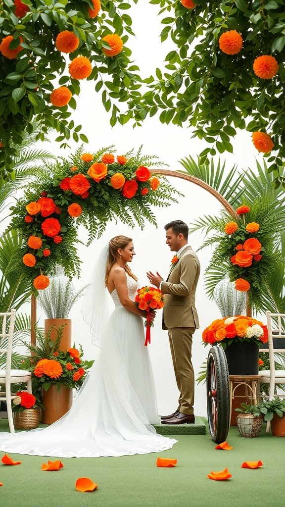A couple standing under an arch decorated with orange flowers, surrounded by greenery.
