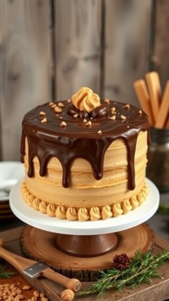 A beautifully decorated peanut butter cake with chocolate ganache.