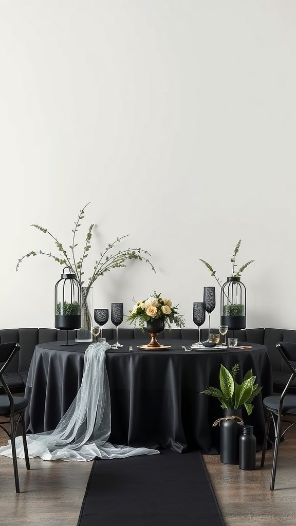 A wedding table set with an olive green and black color scheme, featuring floral arrangements and elegant tableware.