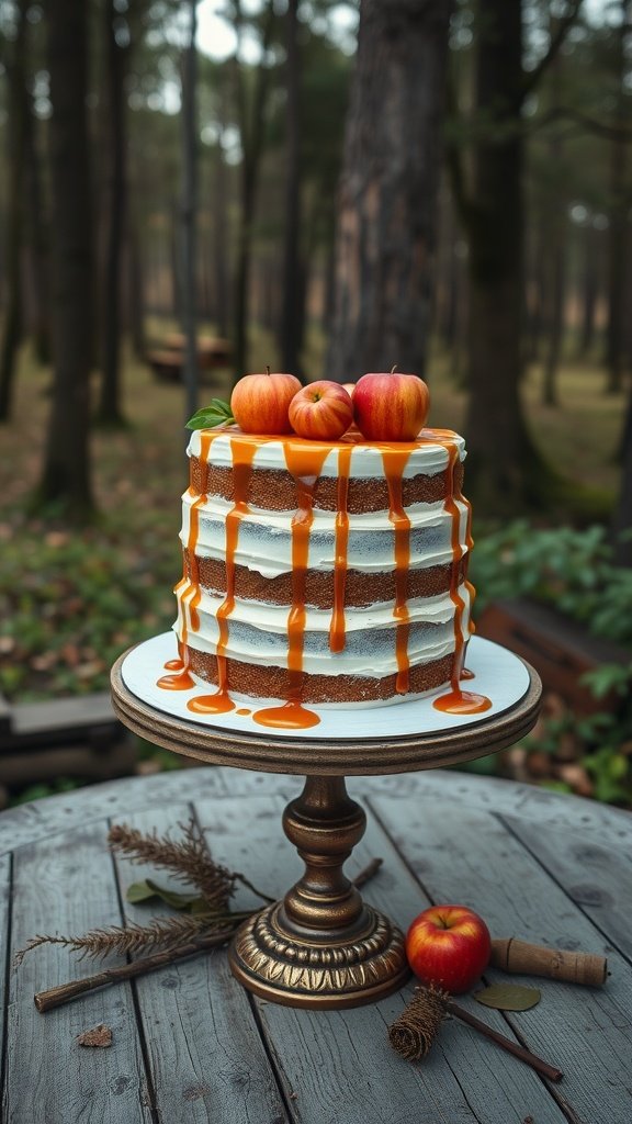 Spiced apple cake with caramel sauce, beautifully layered and decorated