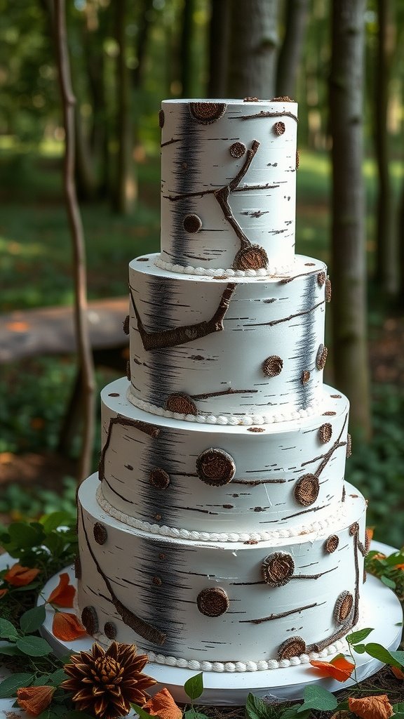 A beautiful tiered cake designed to resemble birch bark, perfect for forest weddings.