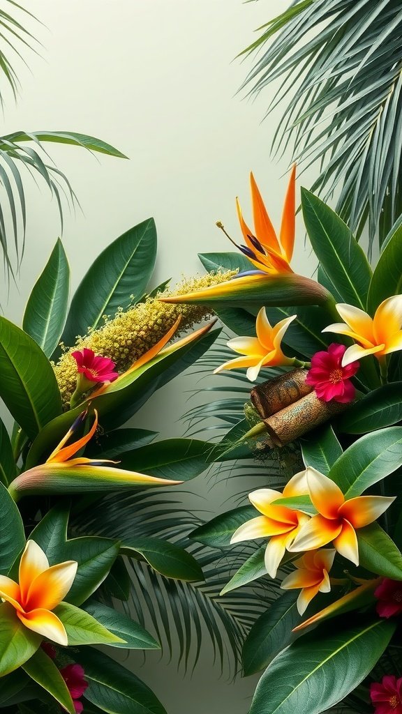 Tropical arrangement featuring olive green leaves and vibrant flowers