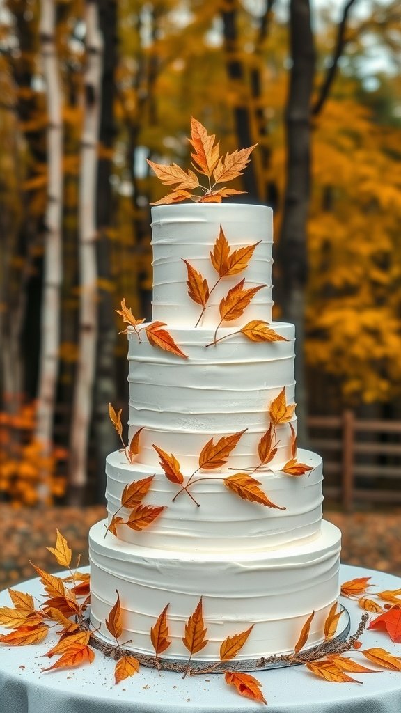 A tall, elegant wedding cake adorned with autumn leaves, perfect for a forest-themed celebration.