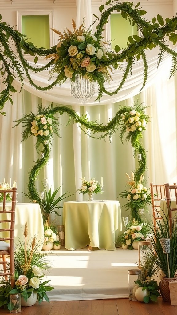 A whimsical wedding setting featuring olive green and pastel colors with floral decorations.