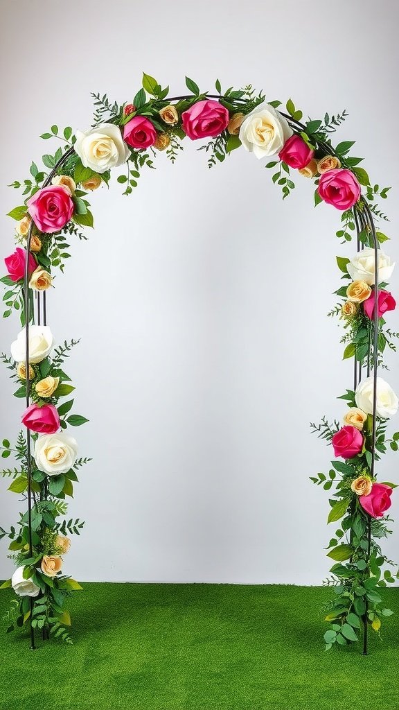 Wire frame wedding arch decorated with fabric flowers and greenery