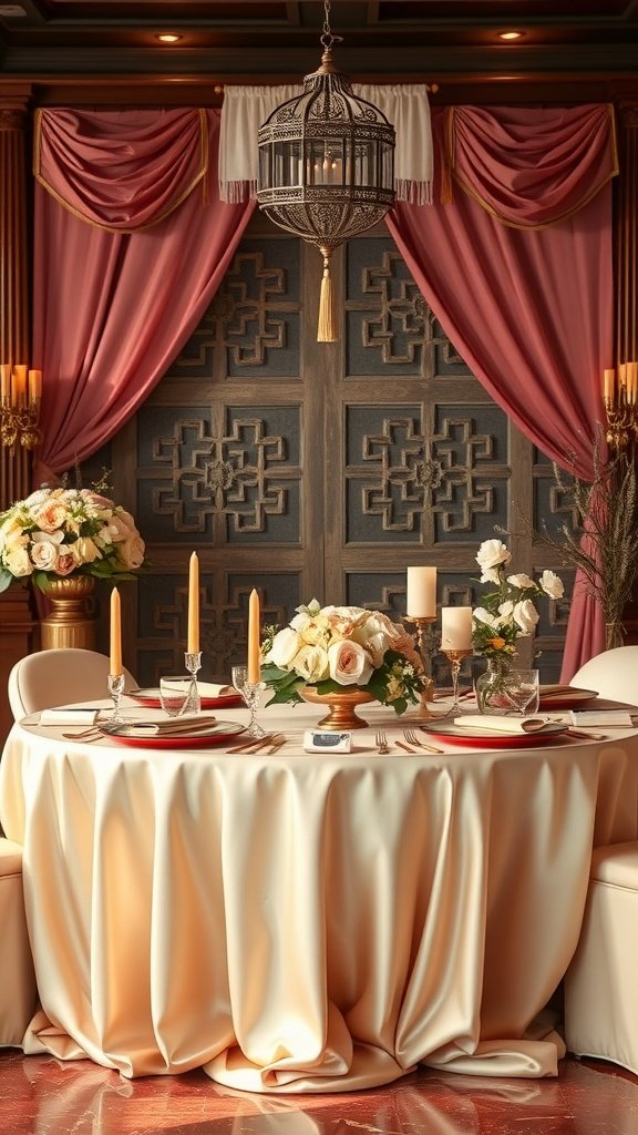 Romantic wedding table settings with Asian influence, featuring a round table with elegant decor, candles, and floral arrangements.