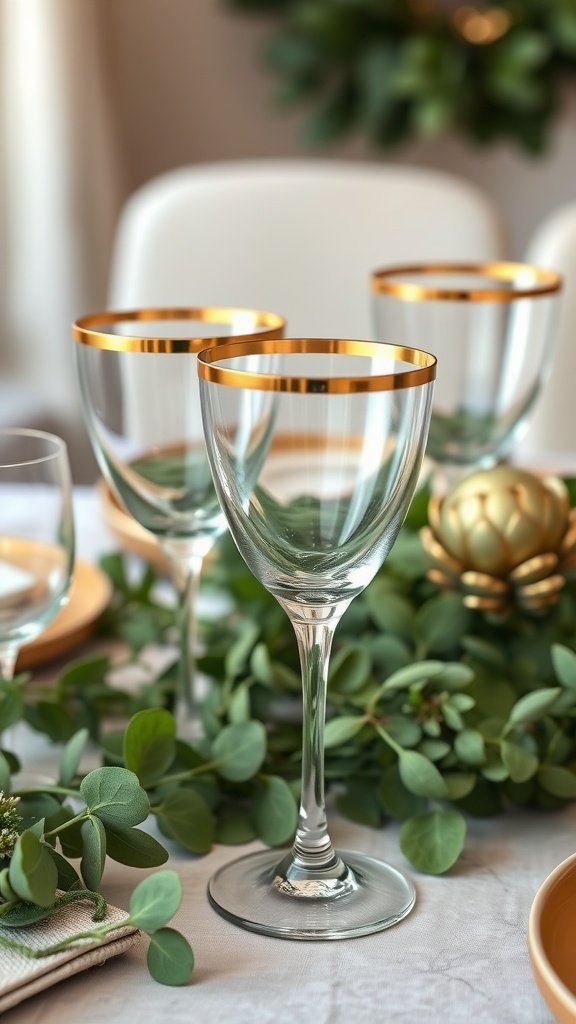 A collection of gold rimmed glassware on a table with greenery and gold accents.