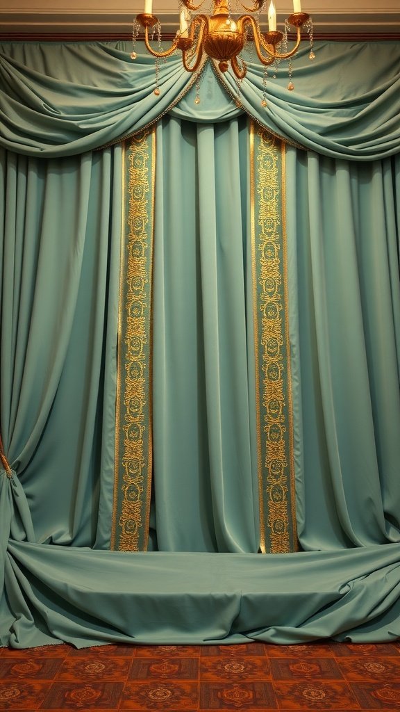 Elegant reception backdrop featuring sage green drapes and gold accents, with a chandelier overhead.