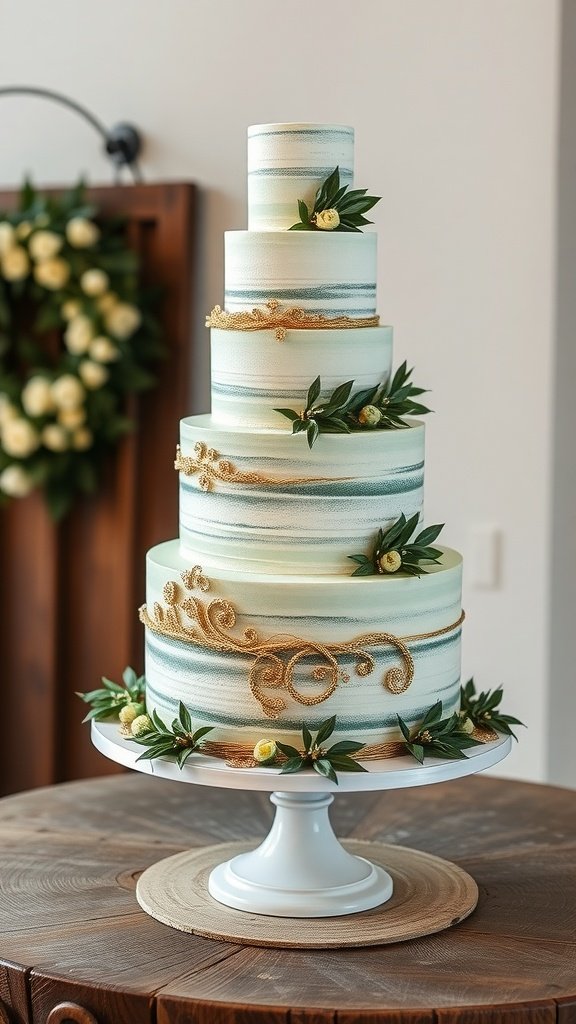 A tall wedding cake with sage green stripes and gold accents, decorated with greenery and flowers.